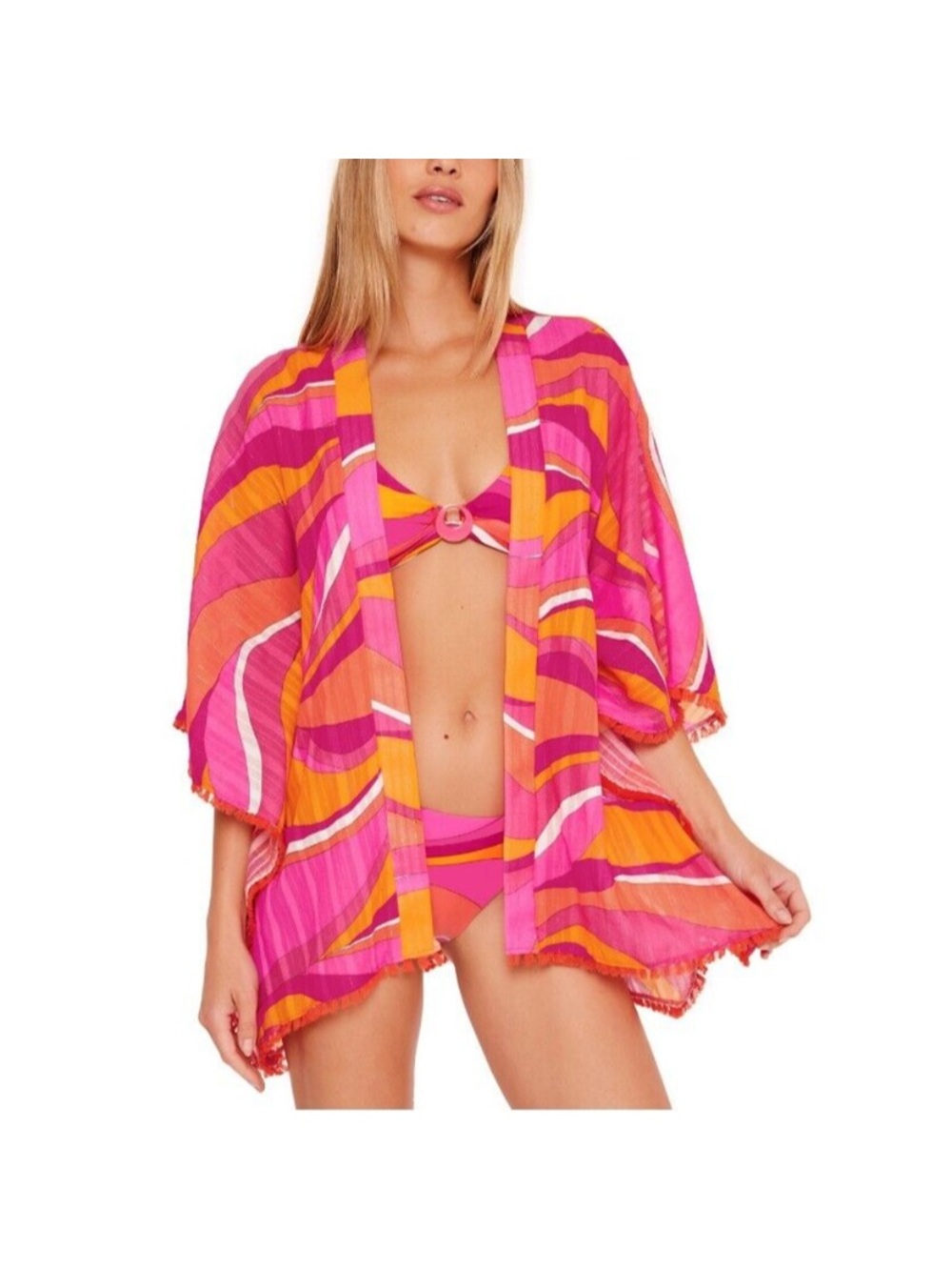 Trina Turk Pink Orange Wave-Print Swim Coverup Vivid Vista Fringe Kimona open